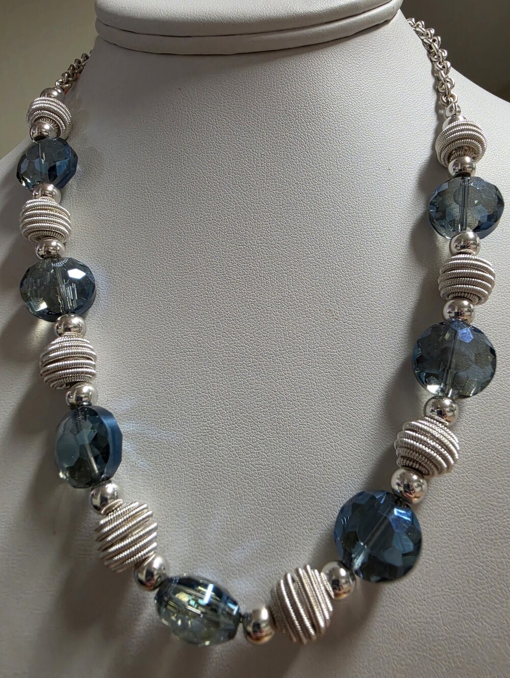 Monet Modern Silver Tone & Faceted Indigo Blue Glass Bead Statement Necklace